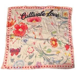 Pink White Floral Scarf with 'Cultivate Love' Print Handkerchief